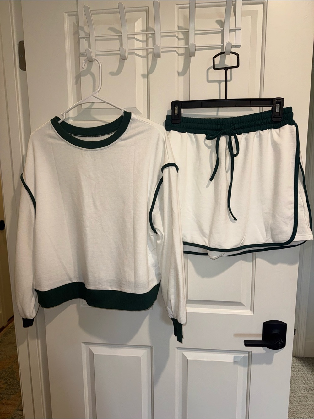 New Small White Lounge Set with Dark Green Trim Skirt Sweatshirt